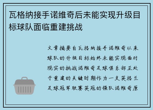 瓦格纳接手诺维奇后未能实现升级目标球队面临重建挑战